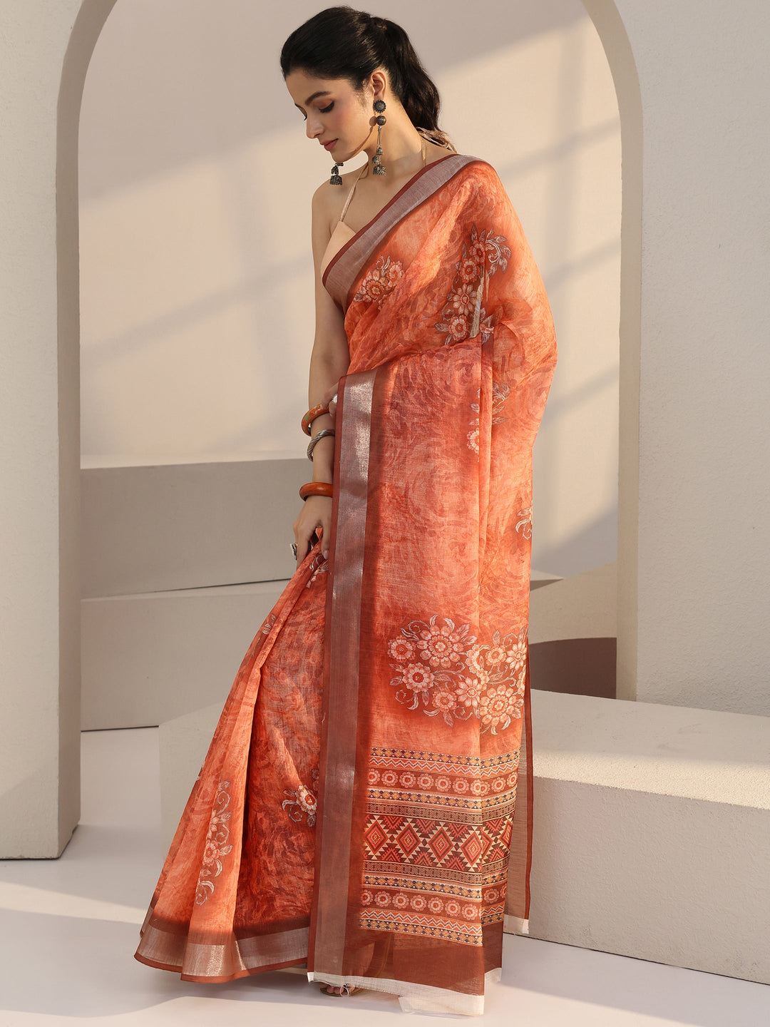  Peach Floral Print Cotton Blend Saree 