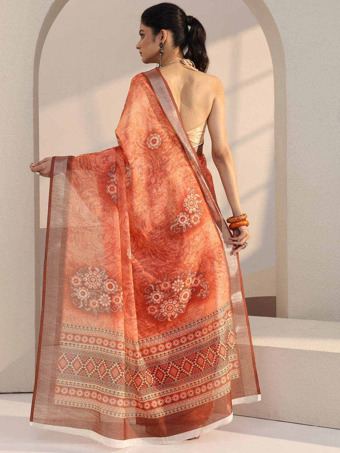  Peach Floral Print Cotton Blend Saree 