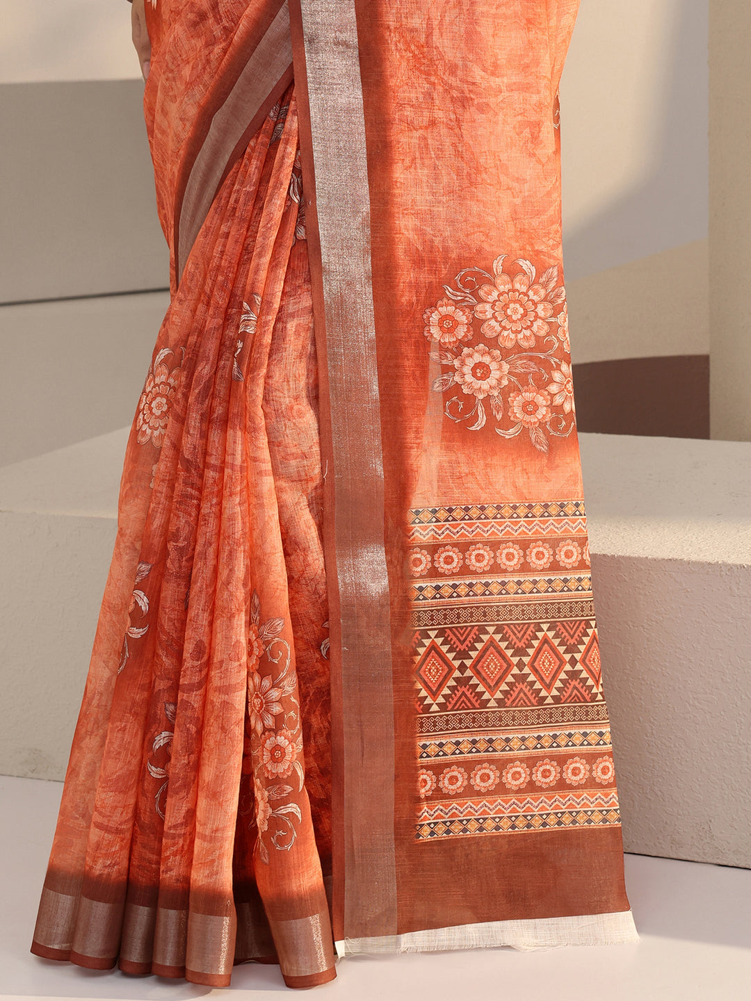  Peach Floral Print Cotton Blend Saree 