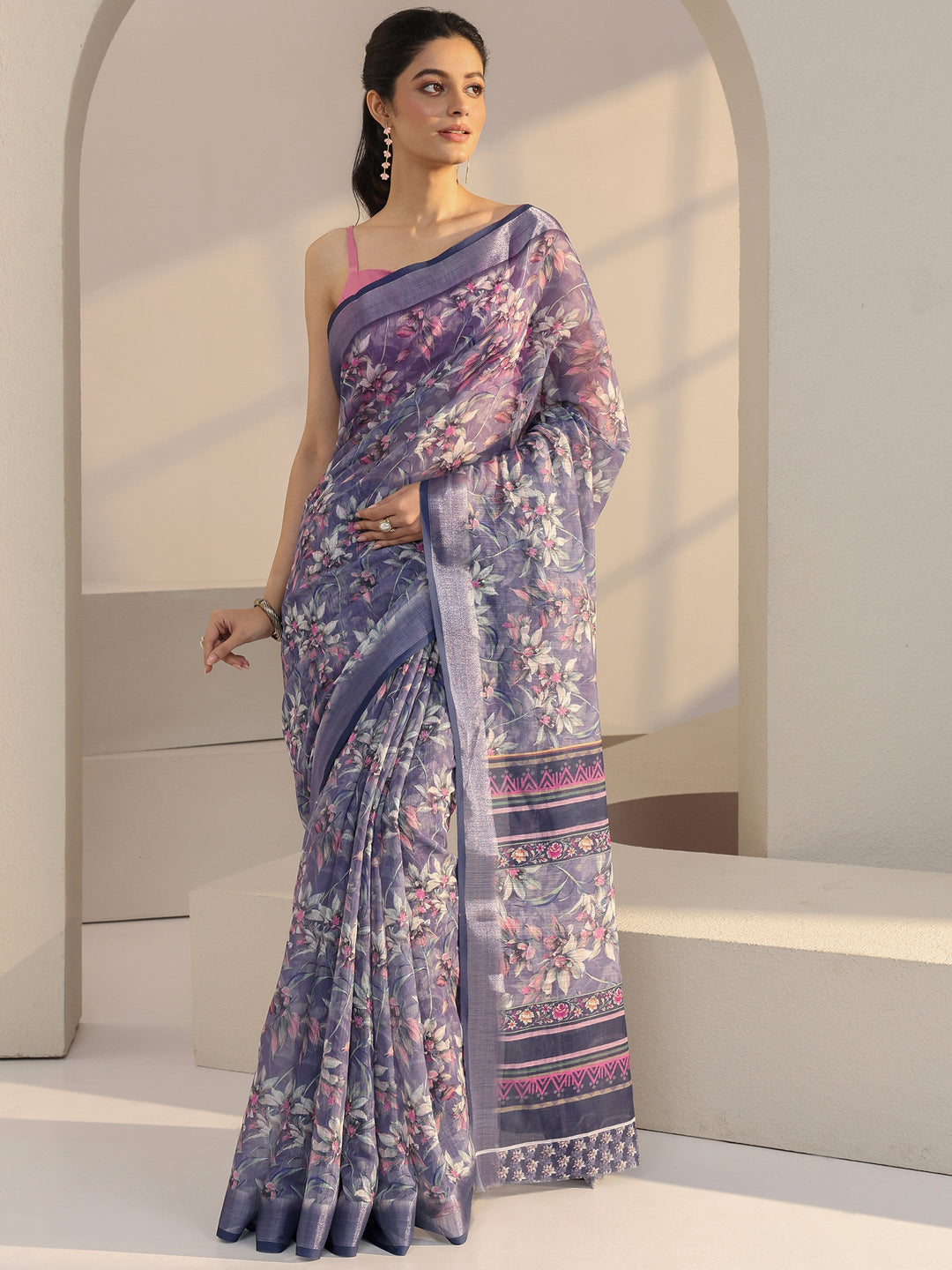  Sunset Purple Floral Print Cotton Blend Saree 
