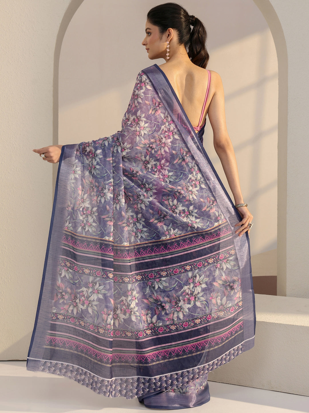  Sunset Purple Floral Print Cotton Blend Saree 