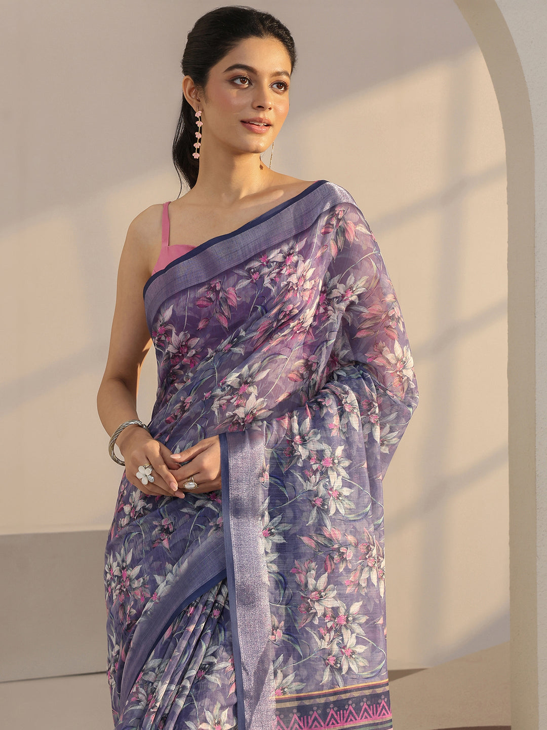  Sunset Purple Floral Print Cotton Blend Saree 