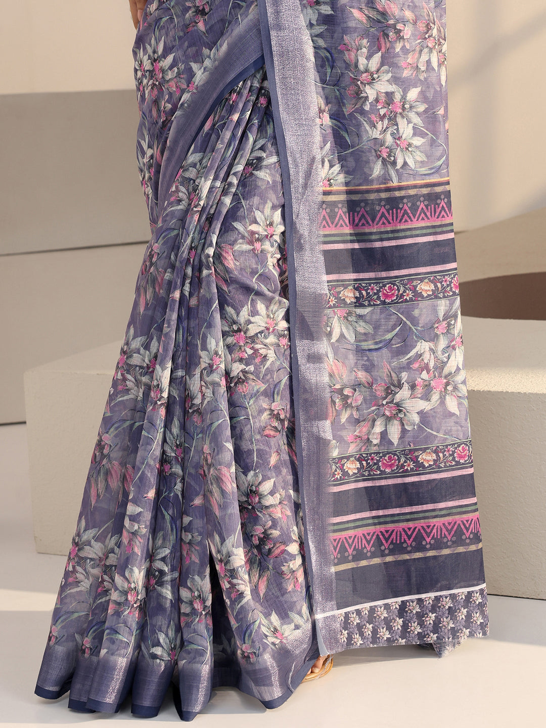  Sunset Purple Floral Print Cotton Blend Saree 