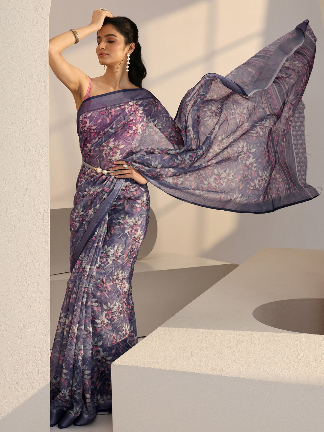  Sunset Purple Floral Print Cotton Blend Saree 
