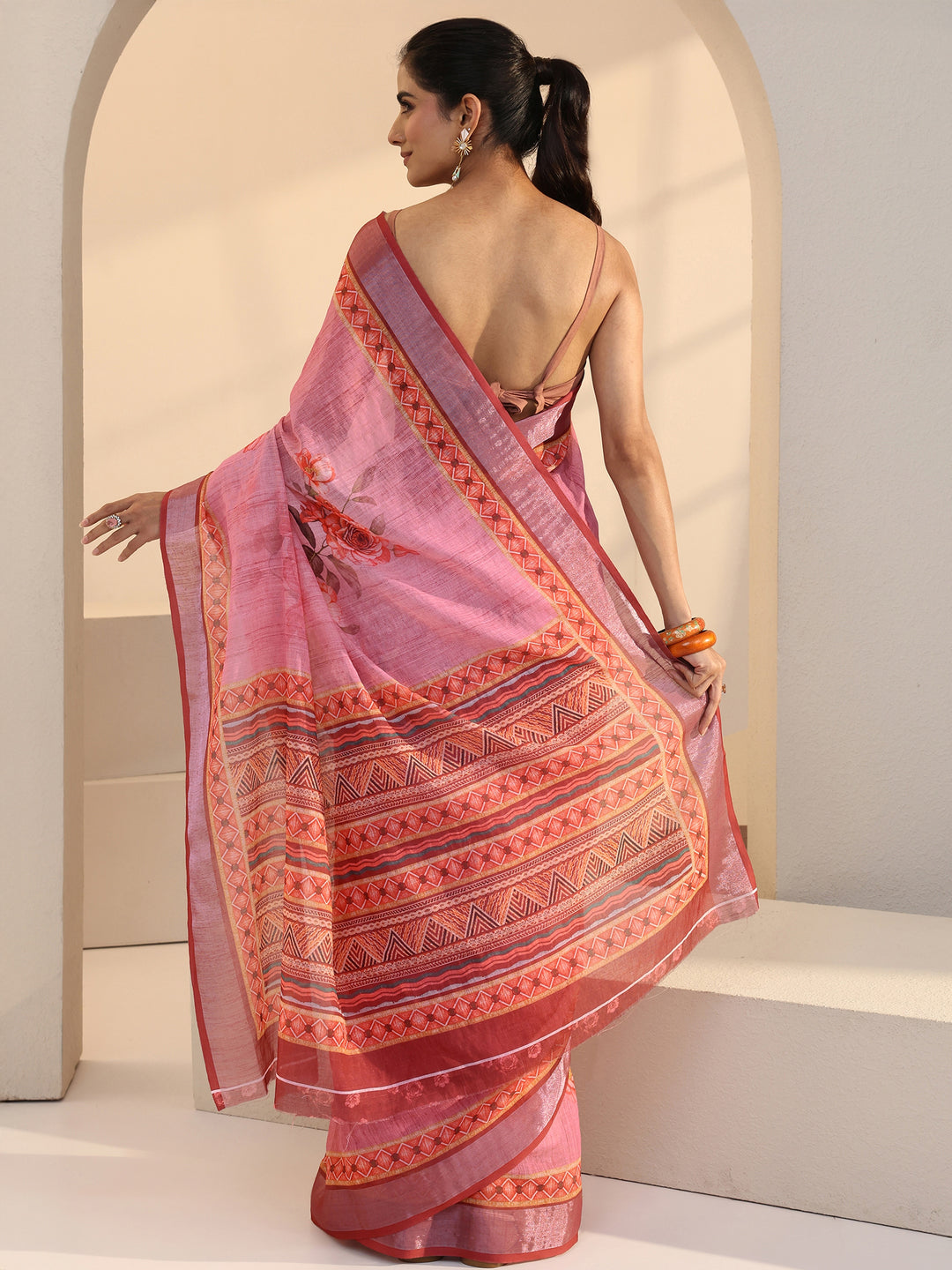  Pink Floral Print Cotton Blend Saree 