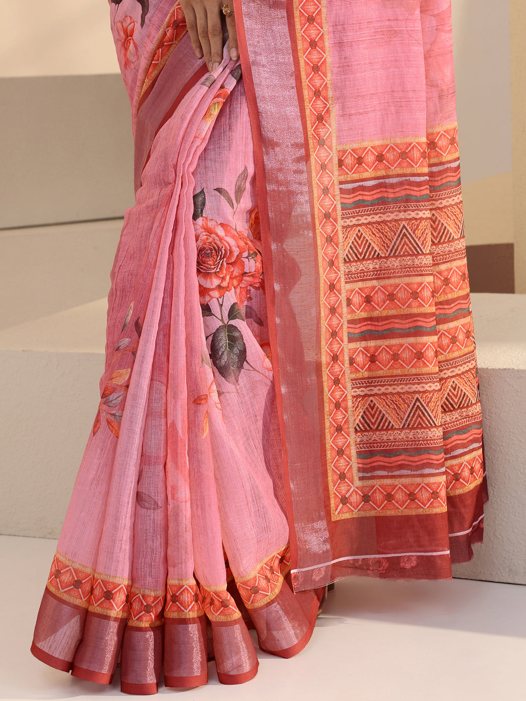 Pink Floral Print Cotton Blend Saree 
