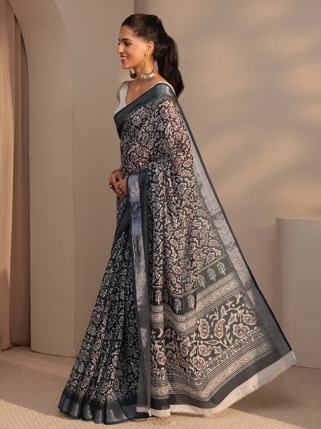  Black Bagru Printed Cotton Blend Saree 