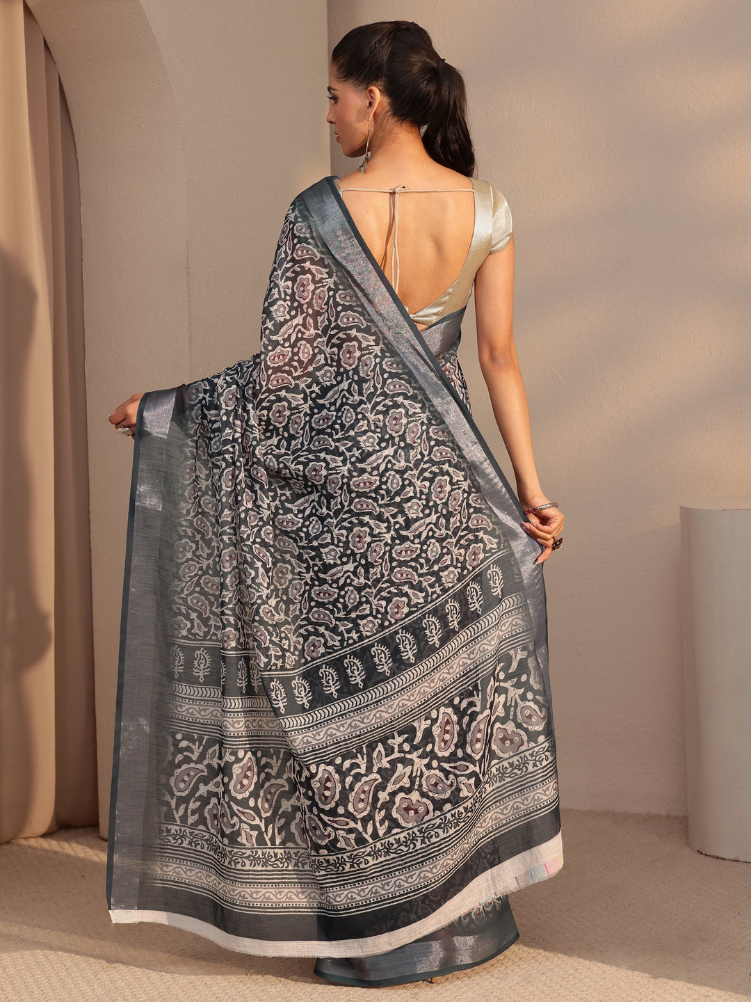 Black Bagru Printed Cotton Blend Saree 