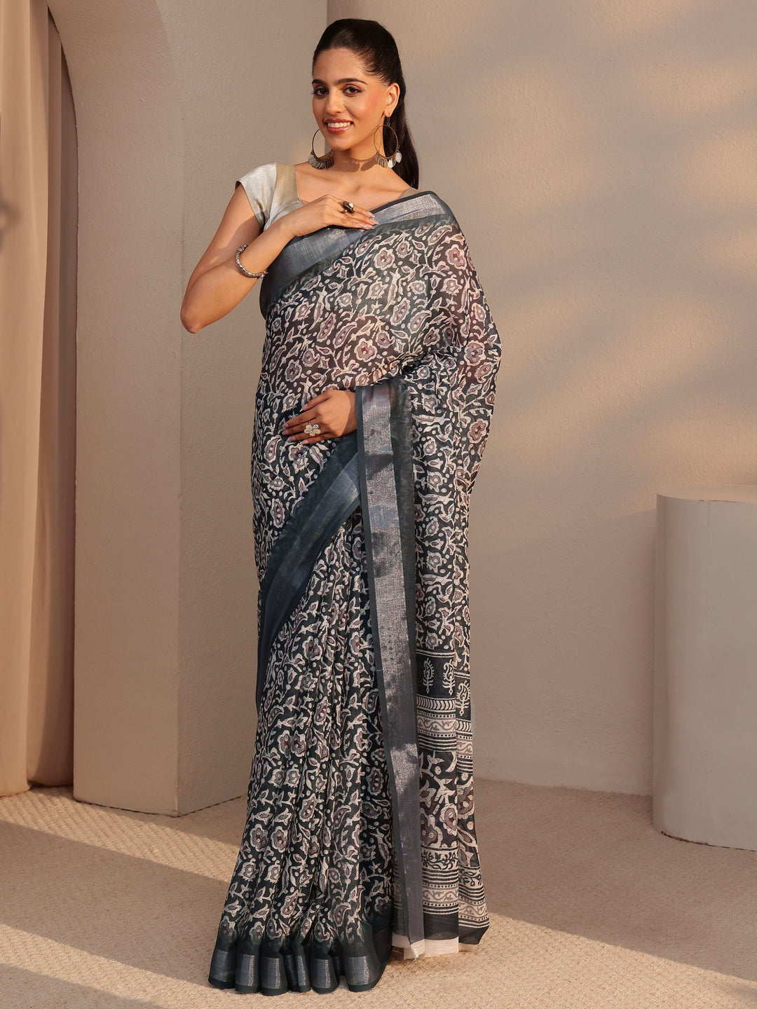  Black Bagru Printed Cotton Blend Saree 