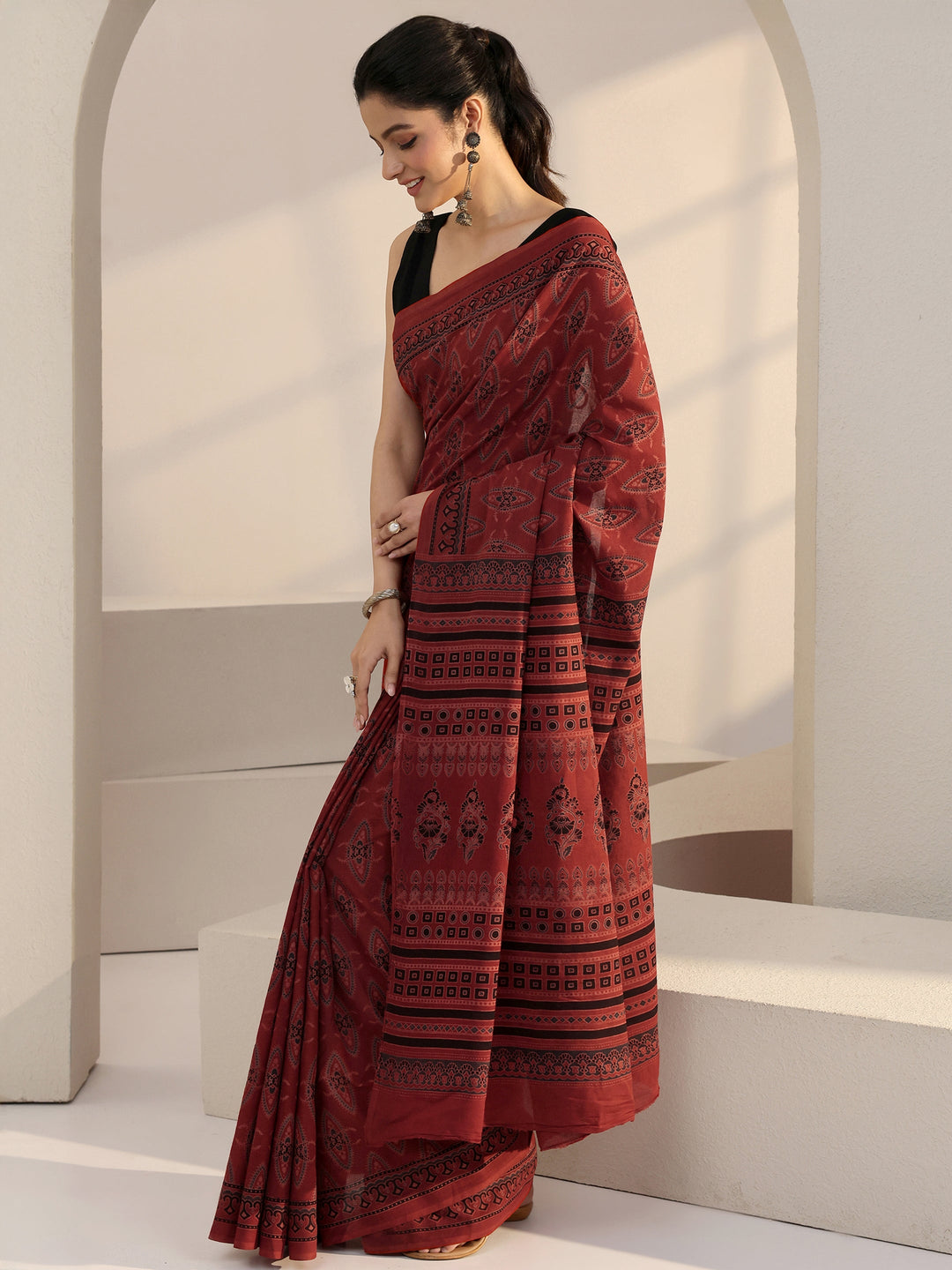  Terracotta Red Ajrakh Print Cotton Saree 