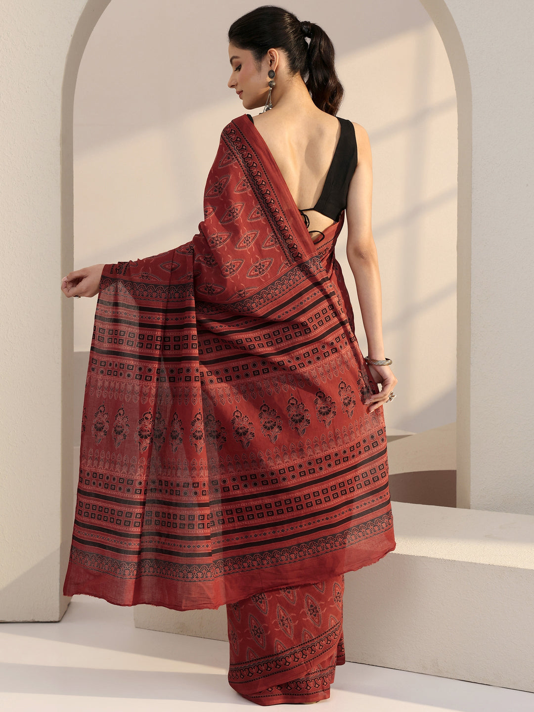  Terracotta Red Ajrakh Print Cotton Saree 