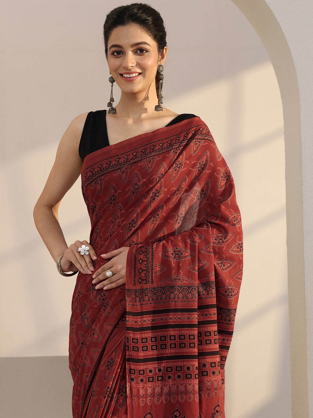  Terracotta Red Ajrakh Print Cotton Saree 