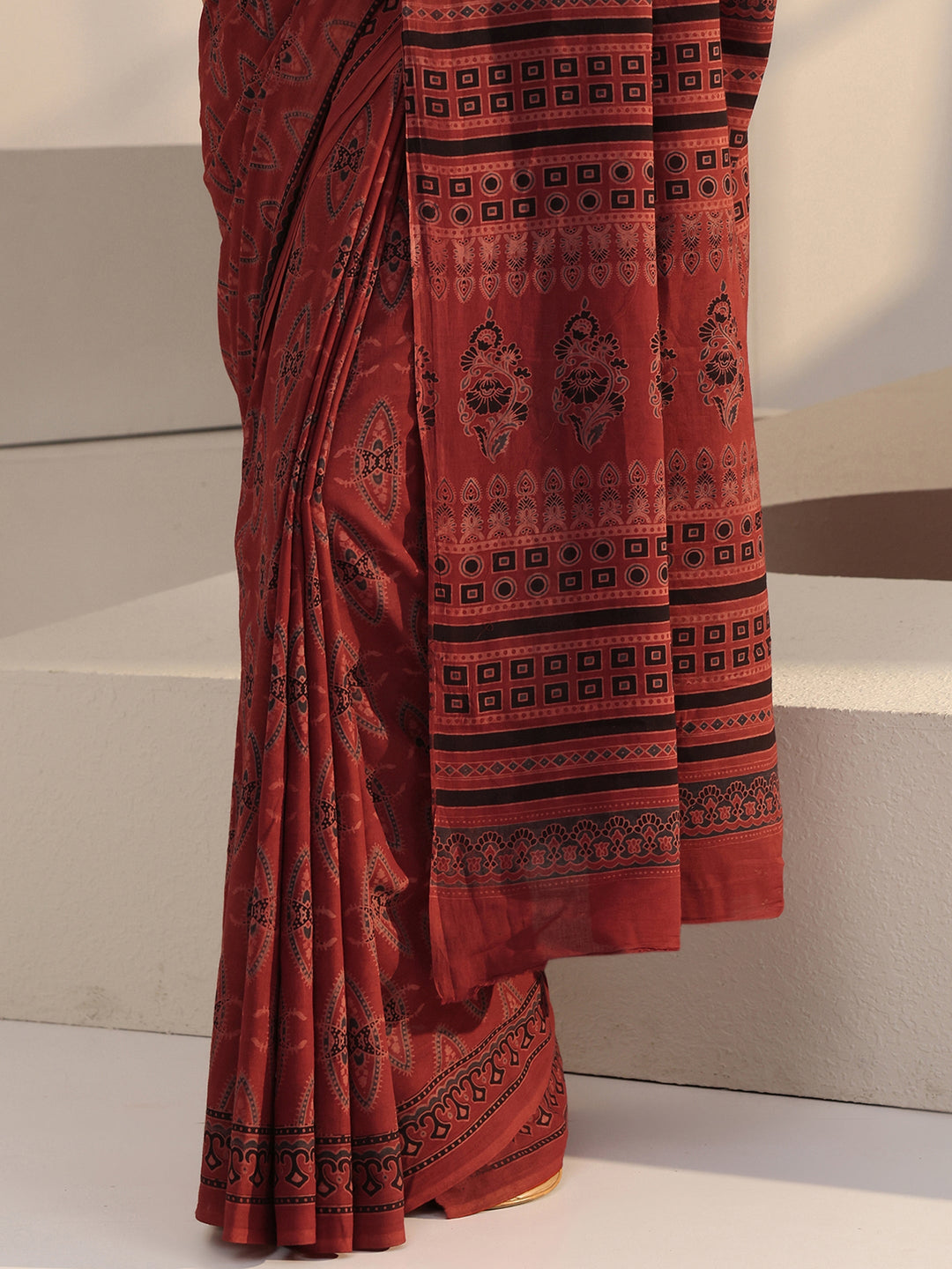  Terracotta Red Ajrakh Print Cotton Saree 