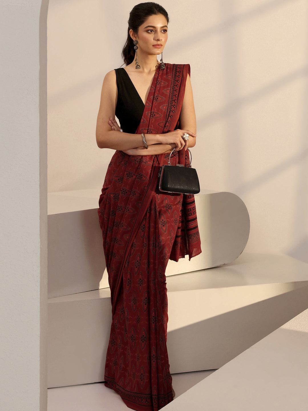  Terracotta Red Ajrakh Print Cotton Saree 