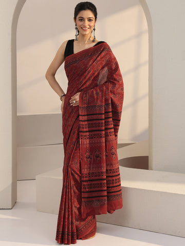 Libas Terracotta Red Ajrakh Print Cotton Saree