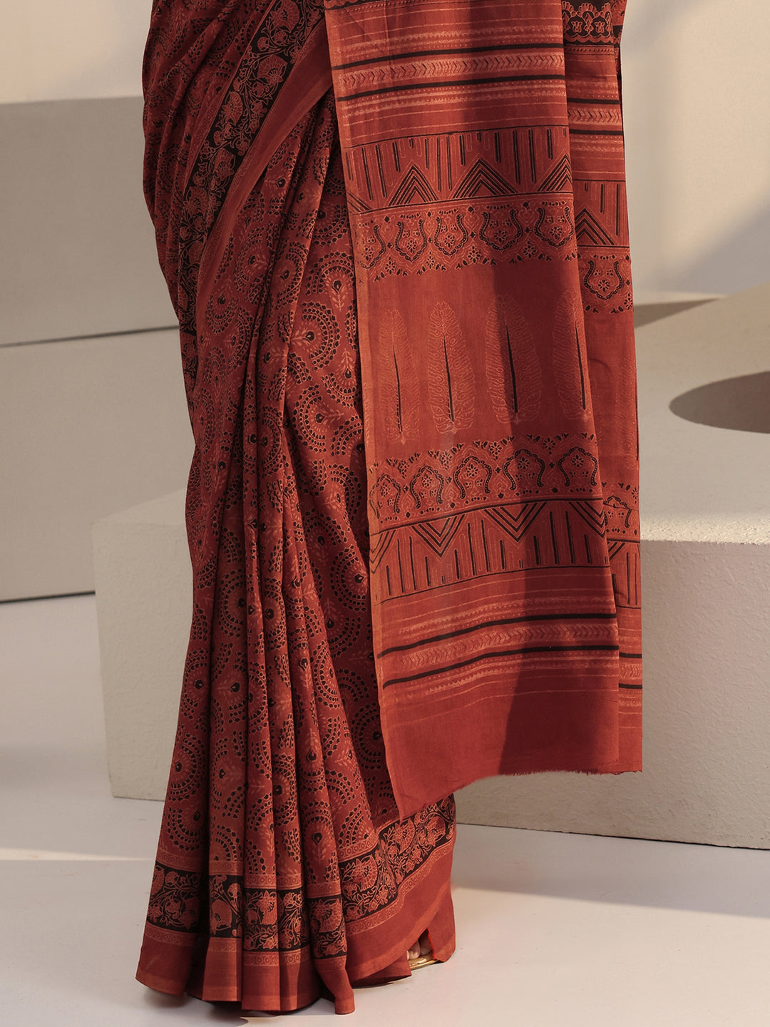  Rust Red Ajrakh Print Cotton Saree 