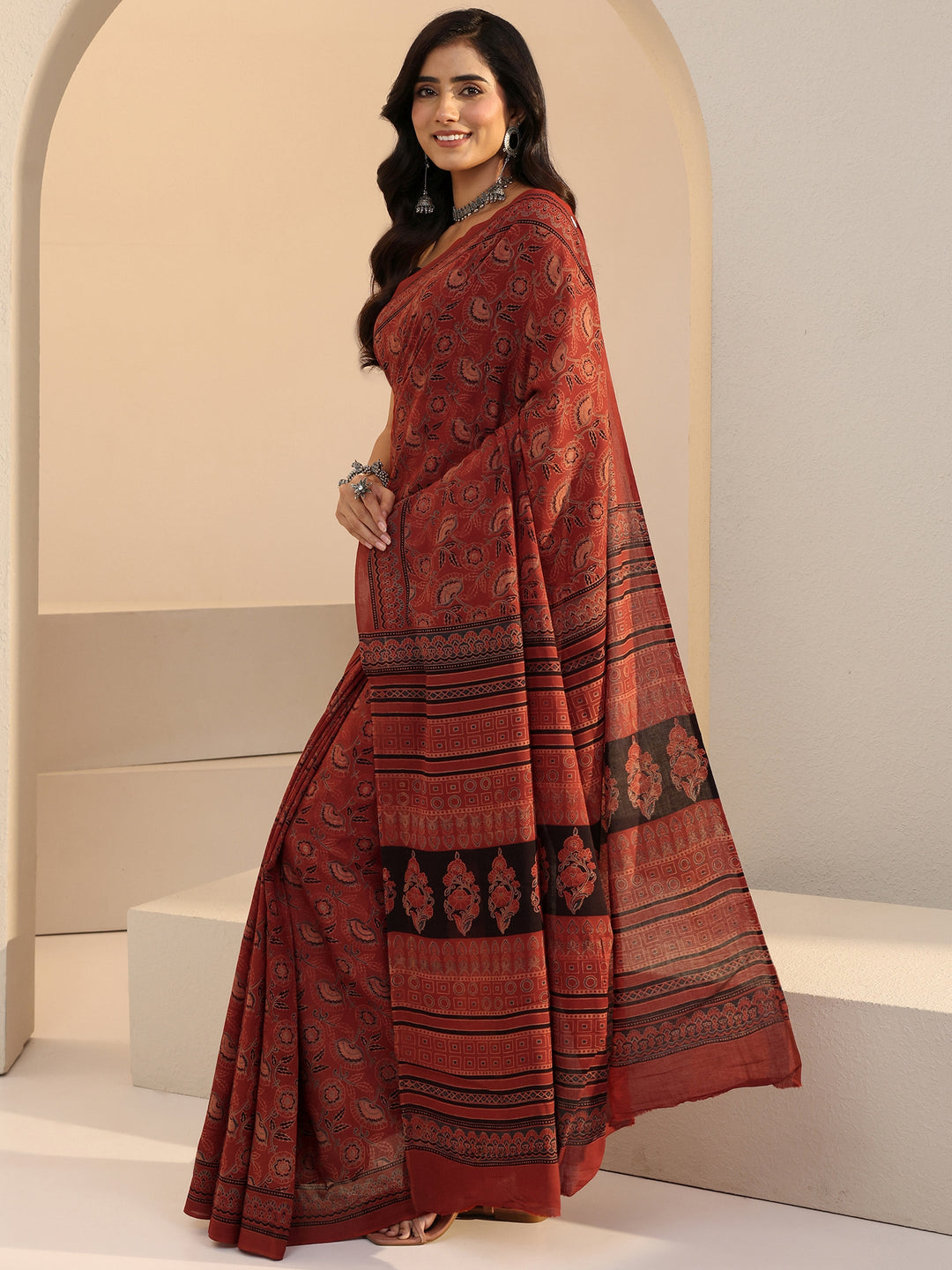  Brick Red Ajrakh Print Cotton Saree 
