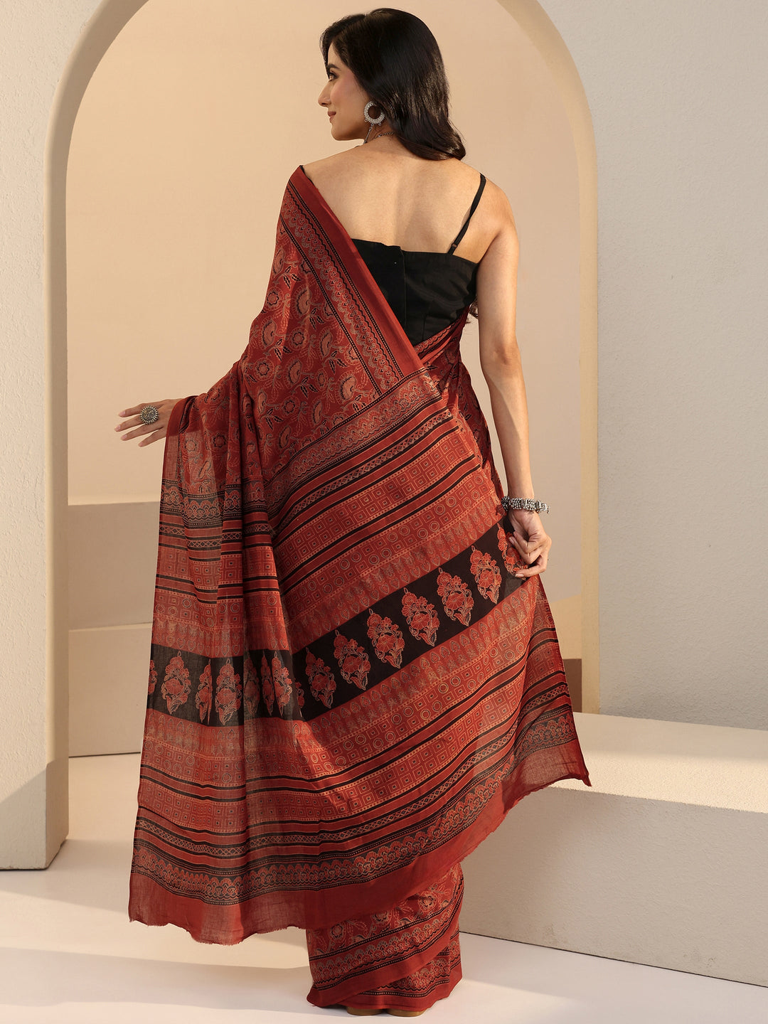  Brick Red Ajrakh Print Cotton Saree 
