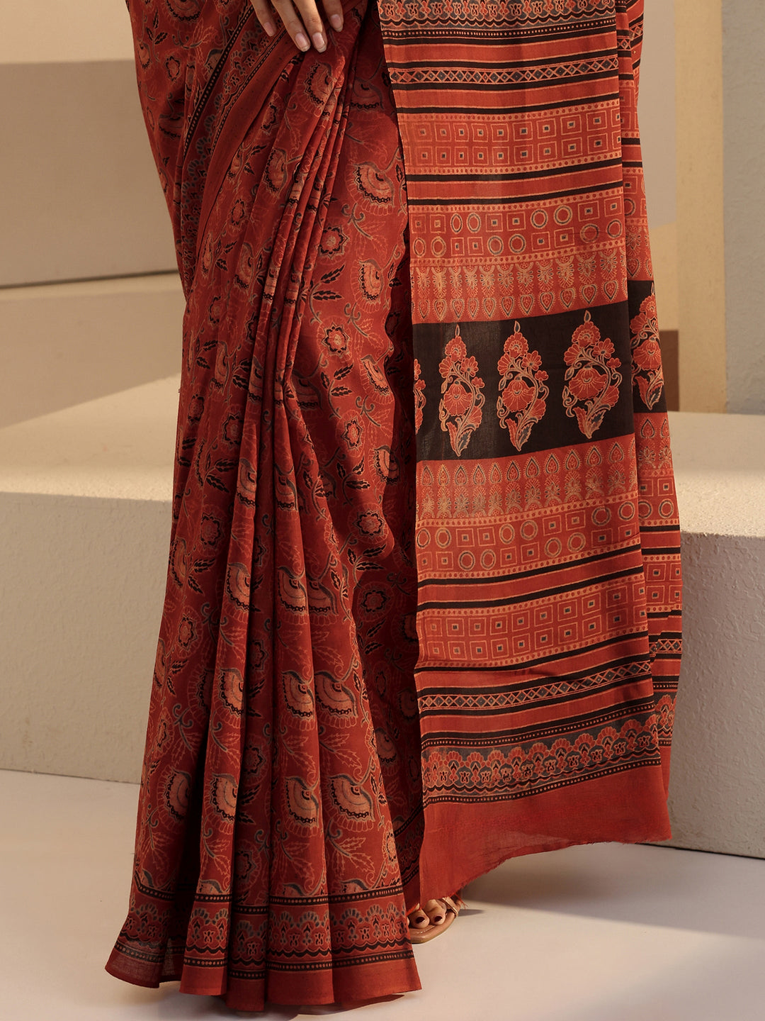  Brick Red Ajrakh Print Cotton Saree 