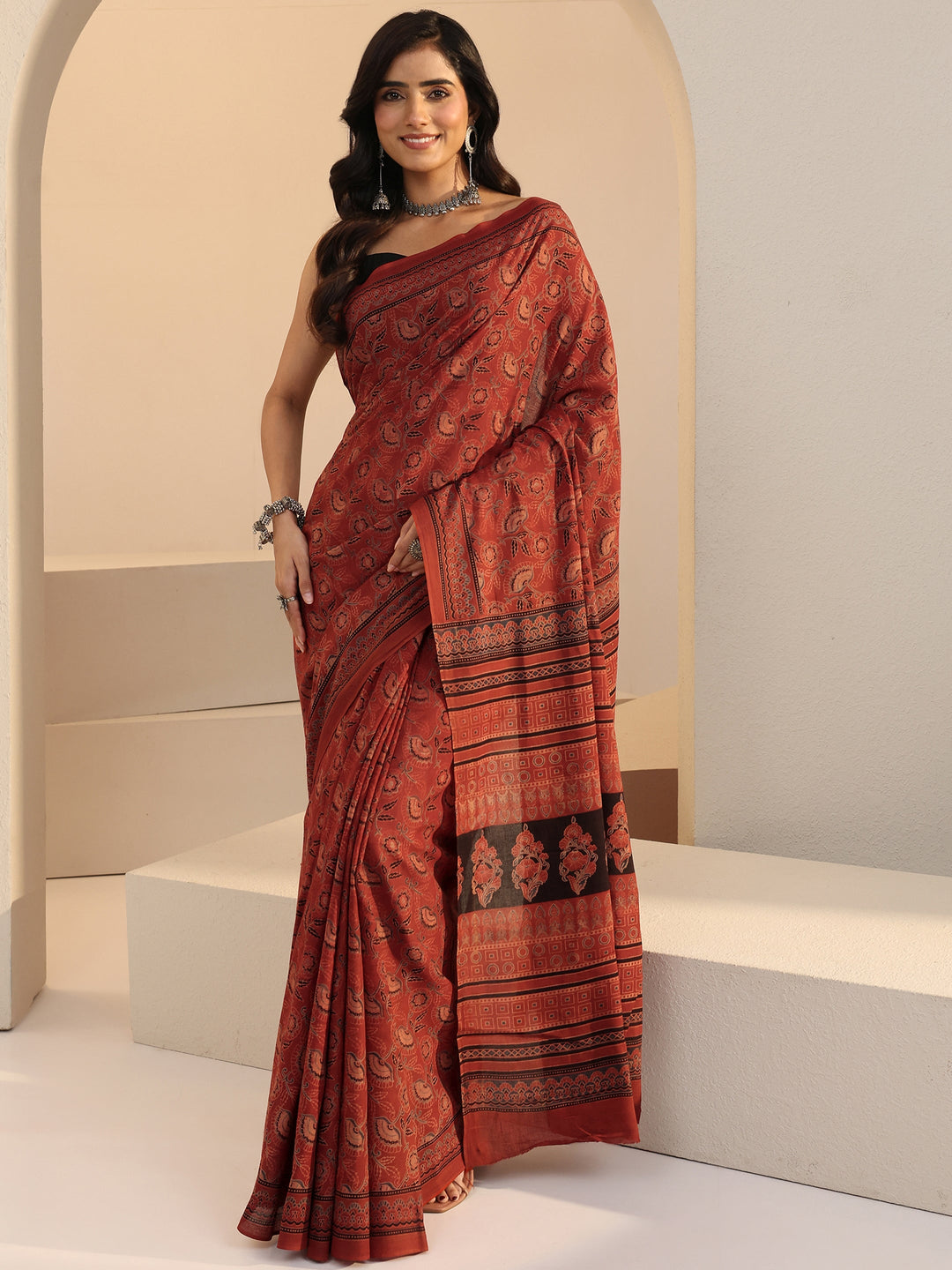  Brick Red Ajrakh Print Cotton Saree 
