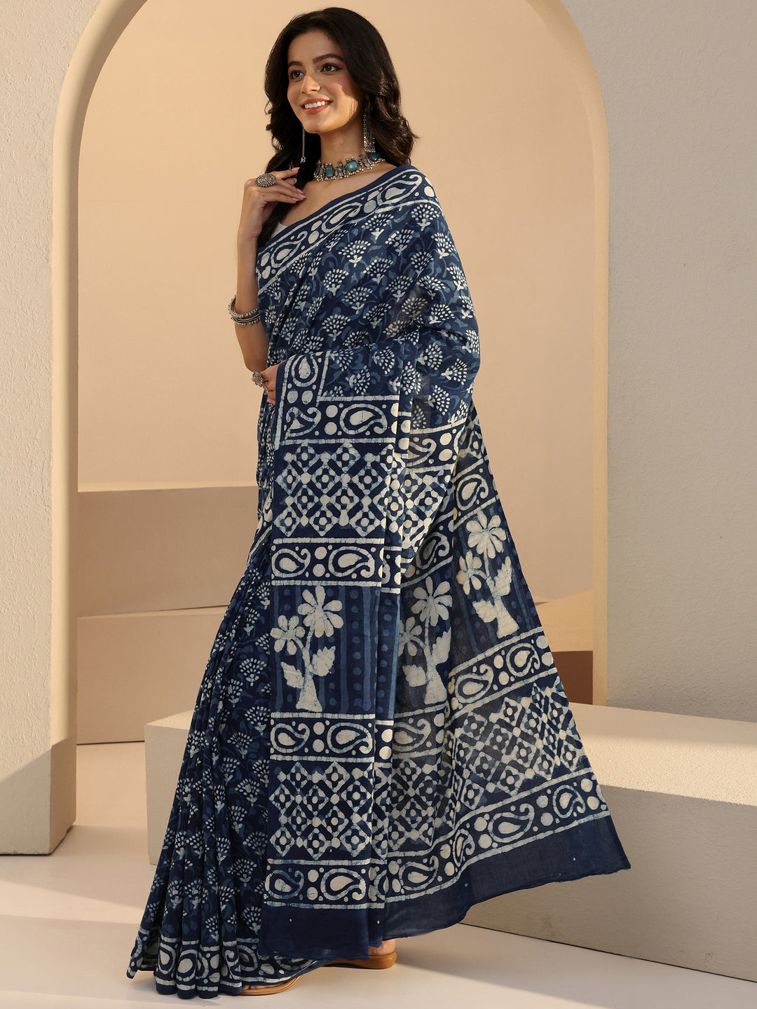  Indigo Batik Print Cotton Saree 
