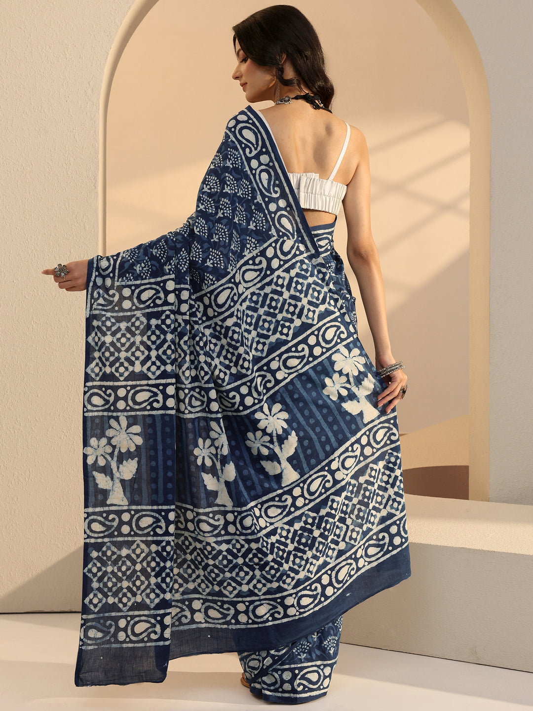  Indigo Batik Print Cotton Saree 