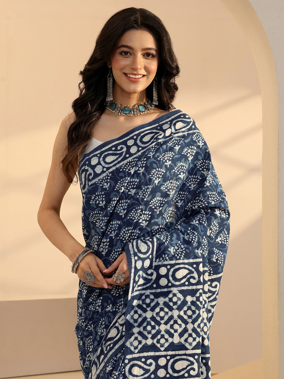  Indigo Batik Print Cotton Saree 