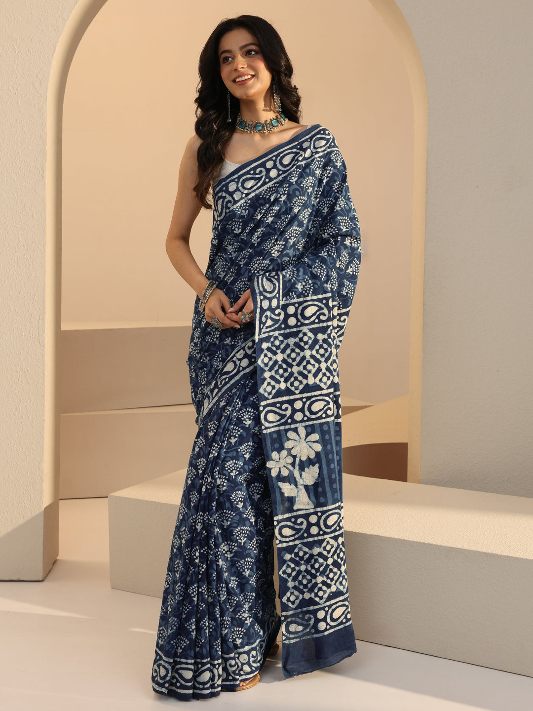  Indigo Batik Print Cotton Saree 