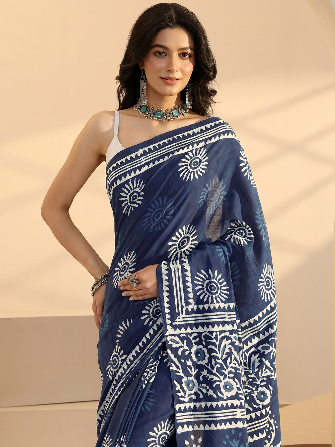  Indigo Dabu Print Cotton Saree 