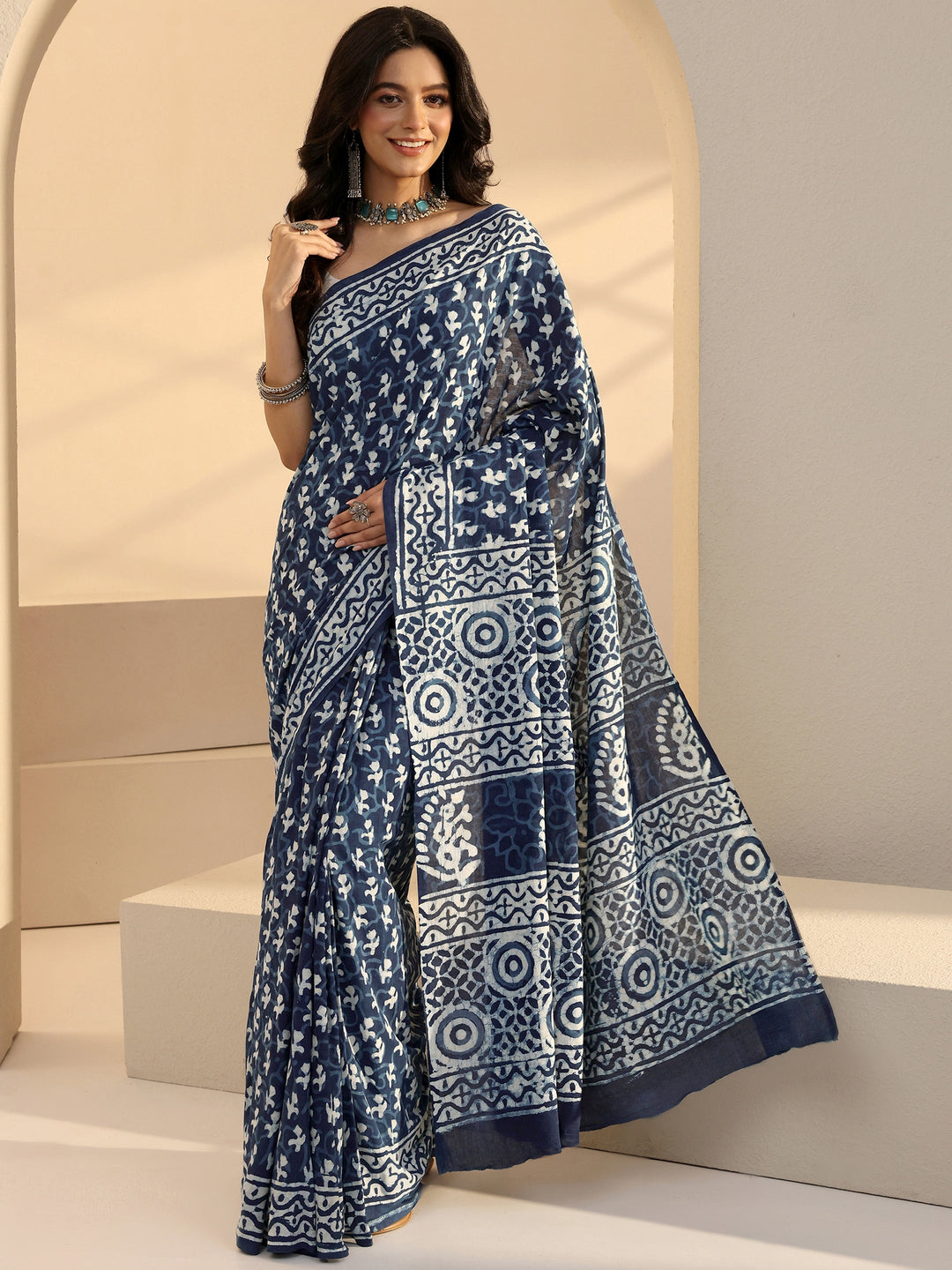  Indigo Bagru Print Cotton Saree 