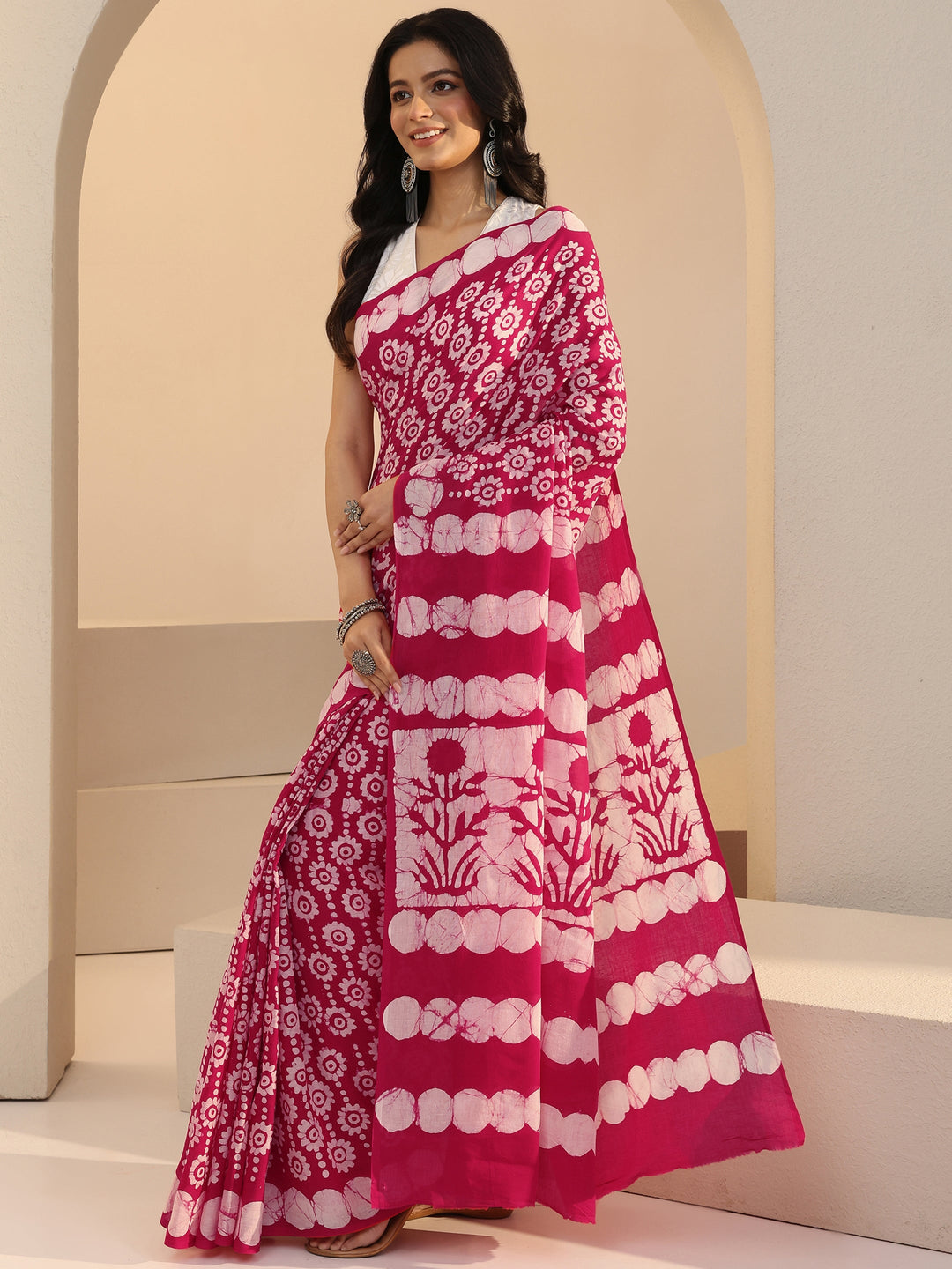  Pink Floral Batik Print Cotton Saree 
