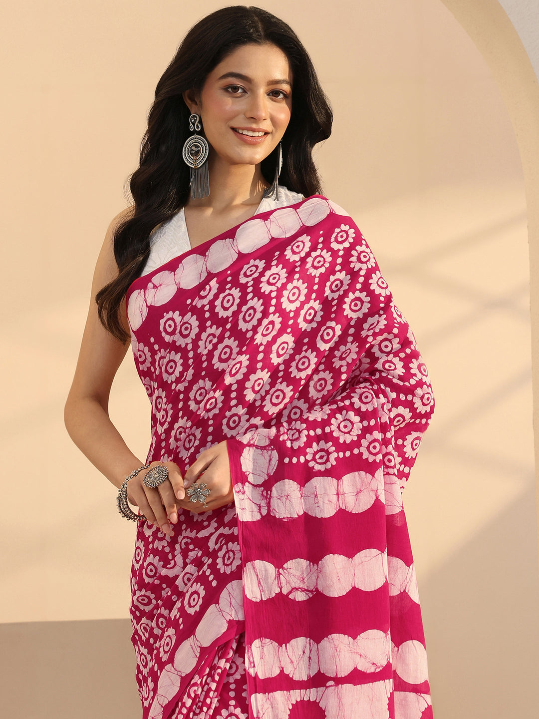  Pink Floral Batik Print Cotton Saree 