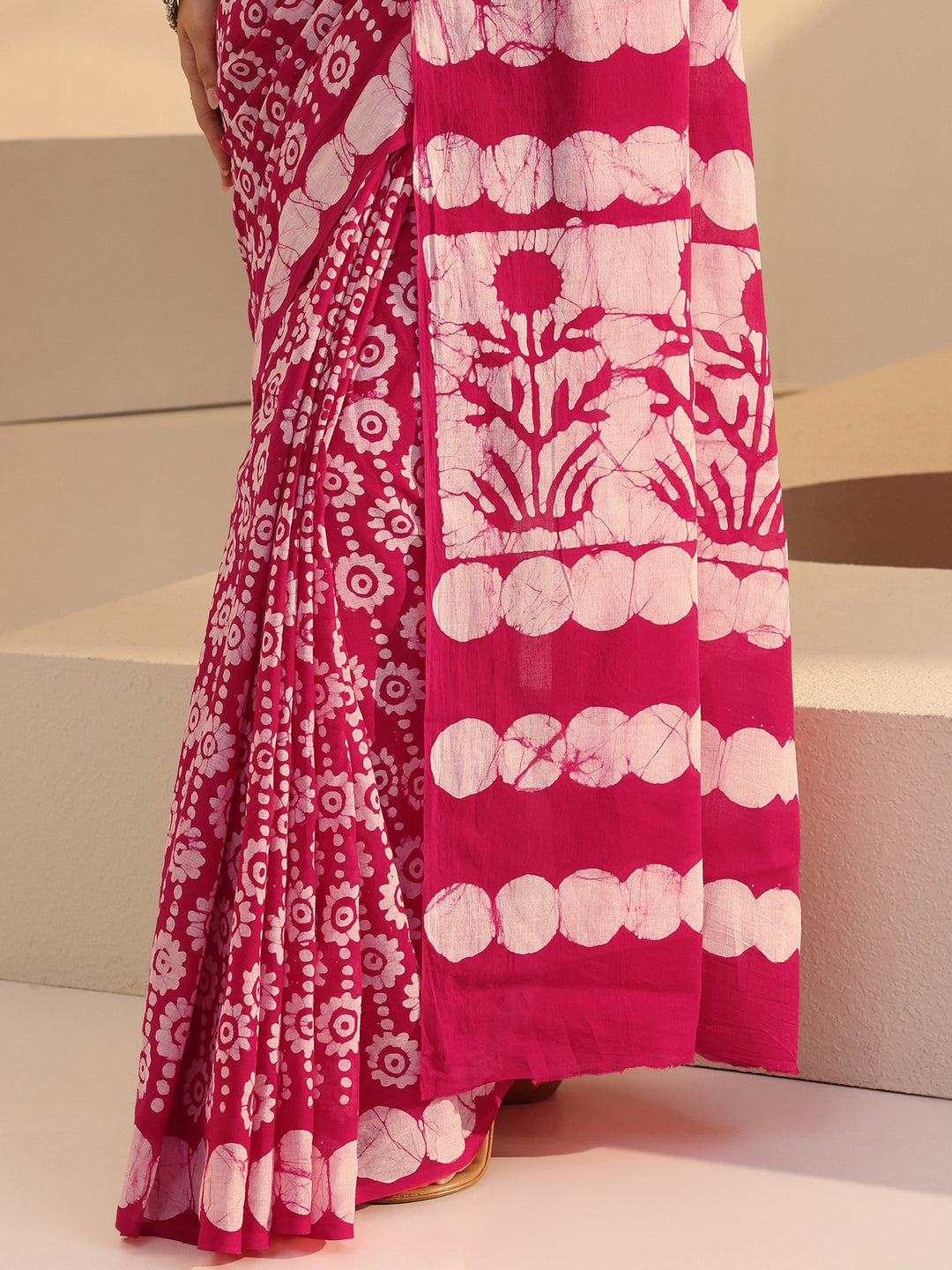  Pink Floral Batik Print Cotton Saree 