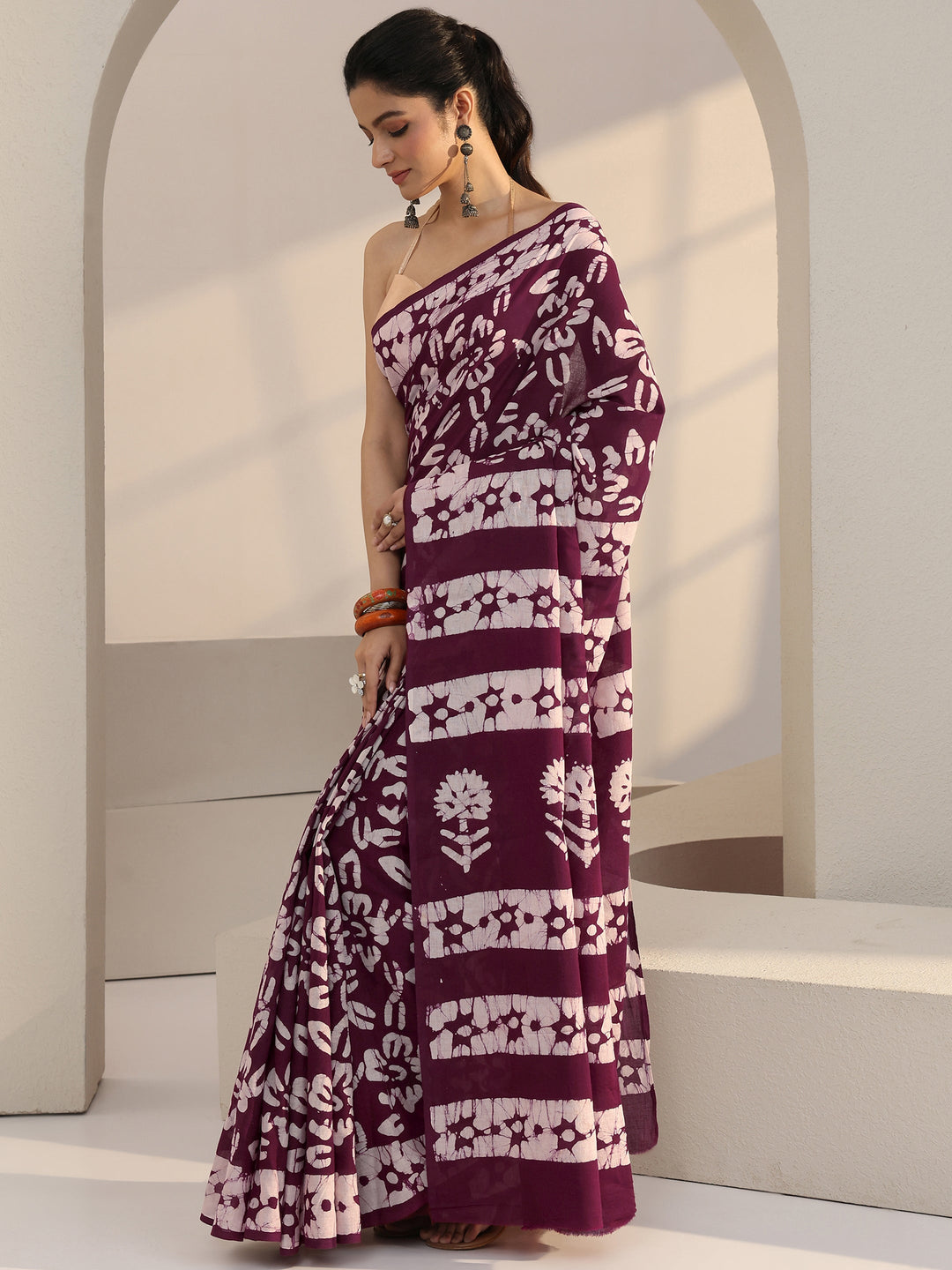  Burgundy Batik Print Cotton Saree 