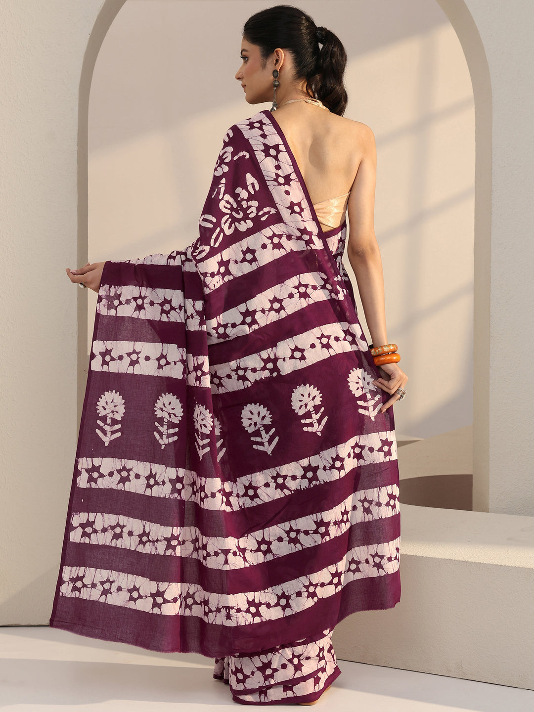  Burgundy Batik Print Cotton Saree 