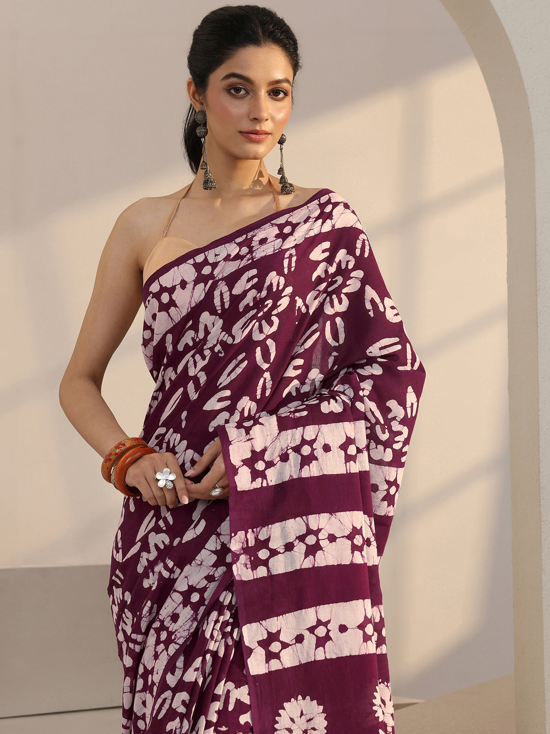  Burgundy Batik Print Cotton Saree 