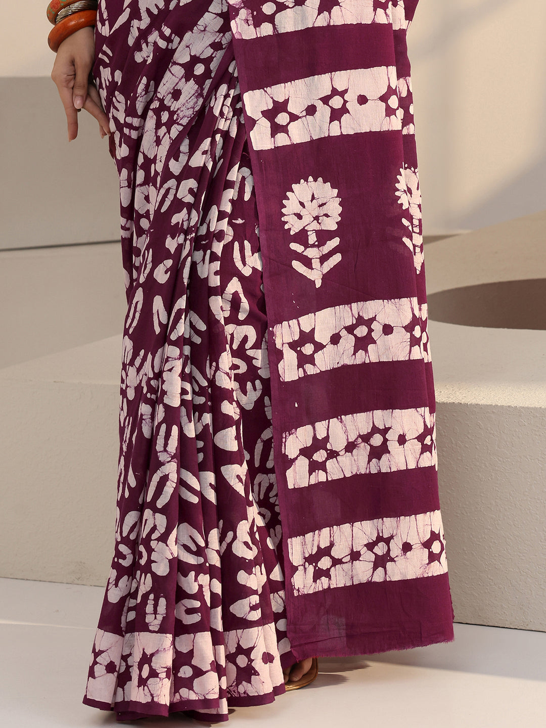  Burgundy Batik Print Cotton Saree 