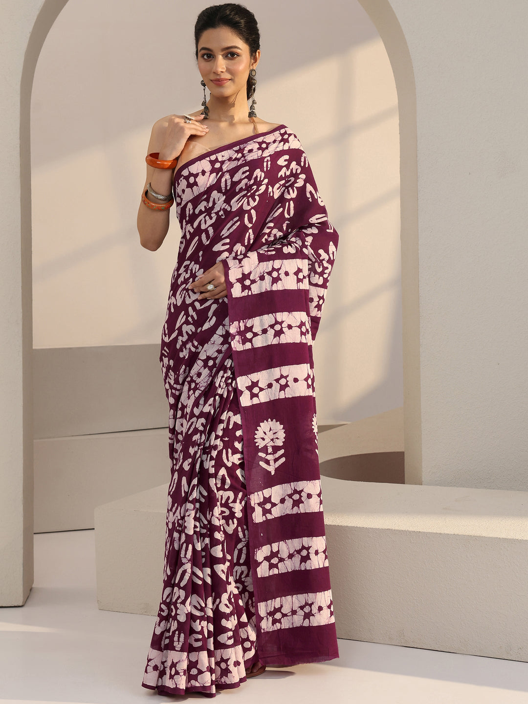  Burgundy Batik Print Cotton Saree 