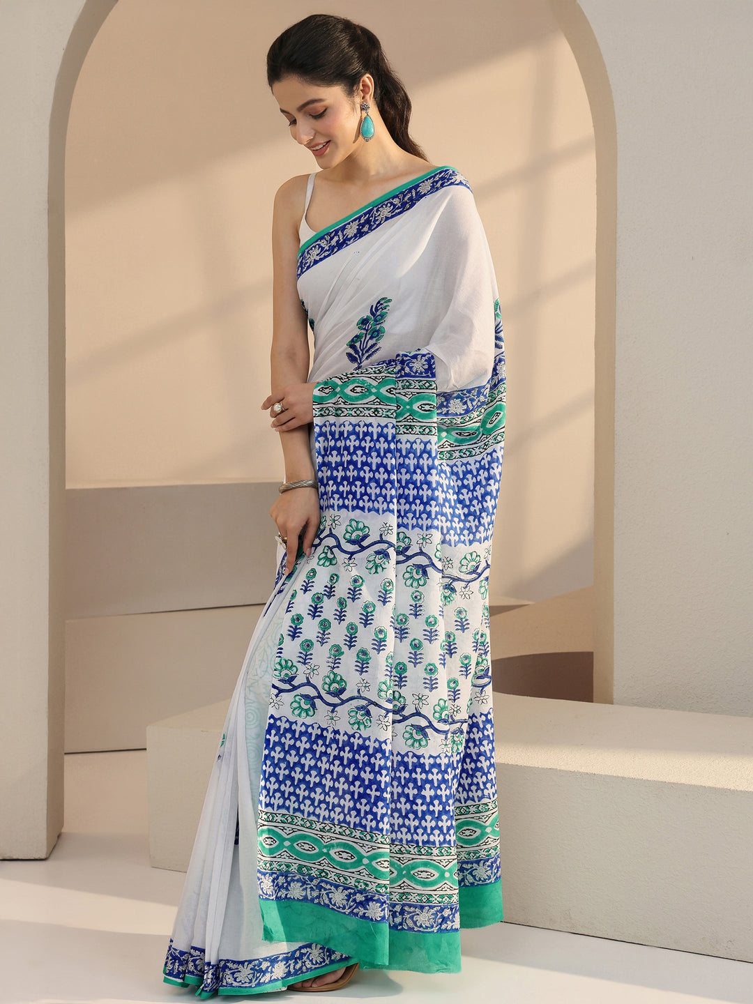  White Block Printed Cotton Saree 