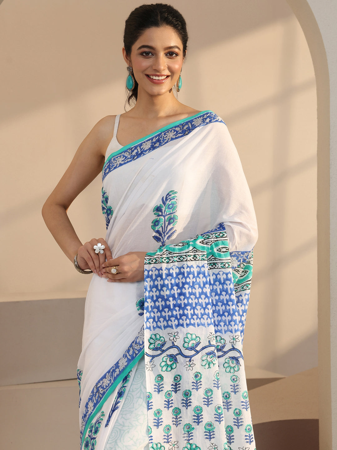  White Block Printed Cotton Saree 
