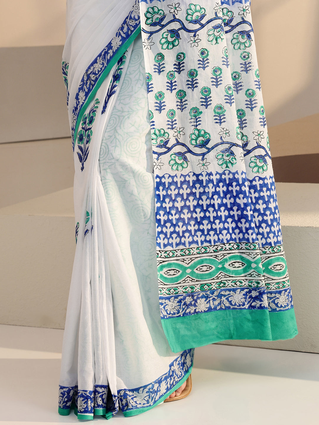  White Block Printed Cotton Saree 