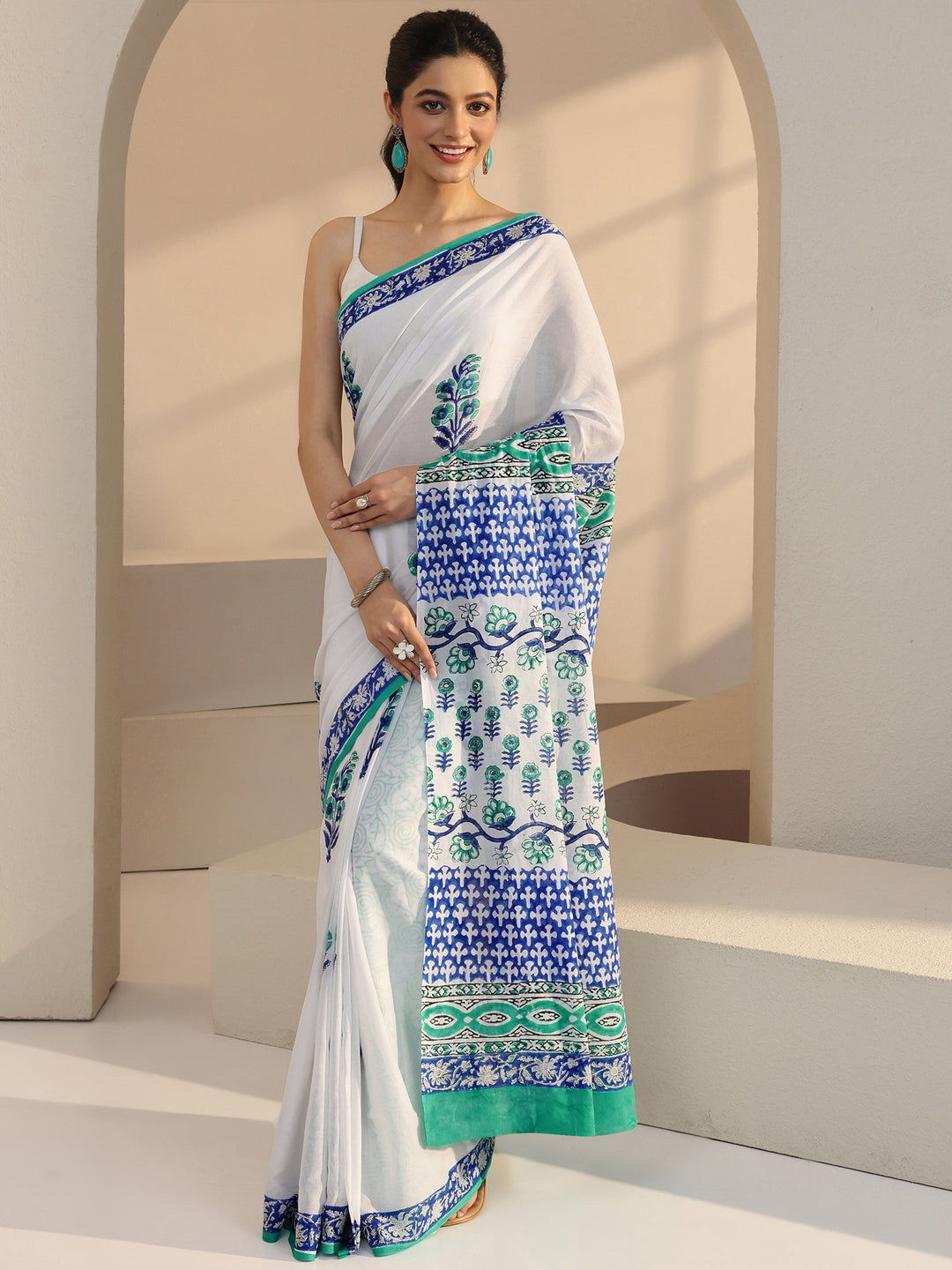  White Block Printed Cotton Saree 