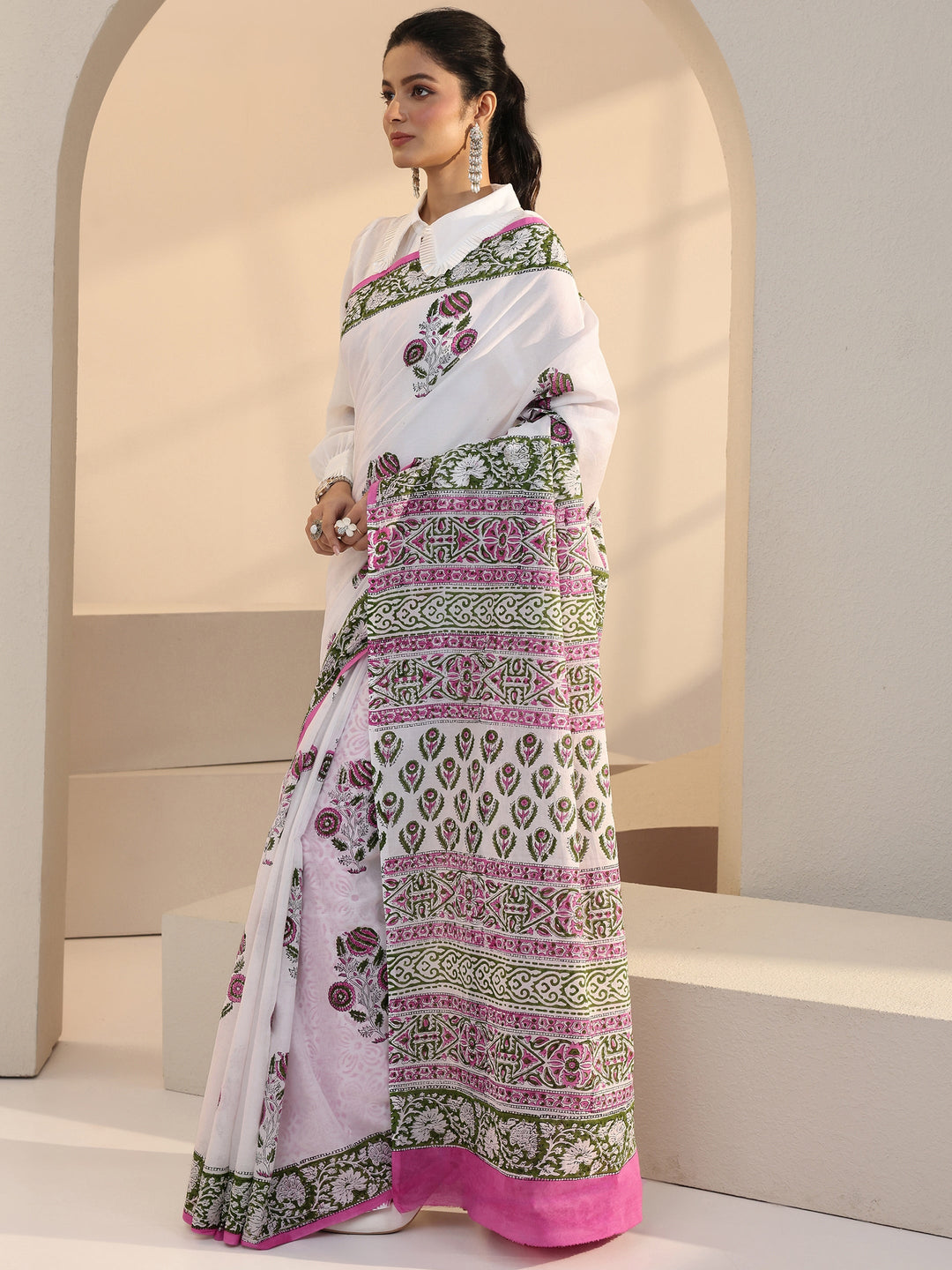 White Floral Printed Cotton Saree 