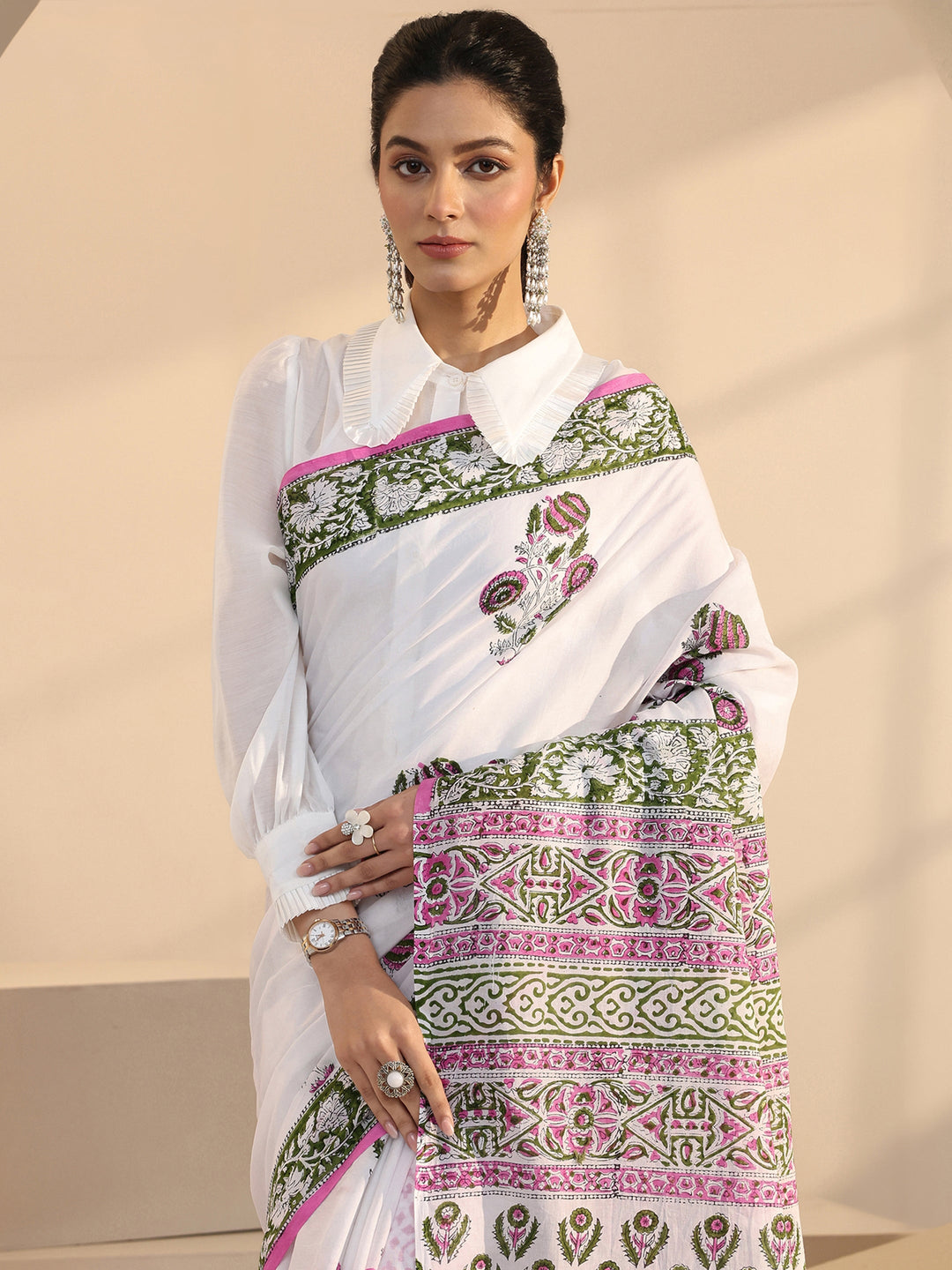  White Floral Printed Cotton Saree 