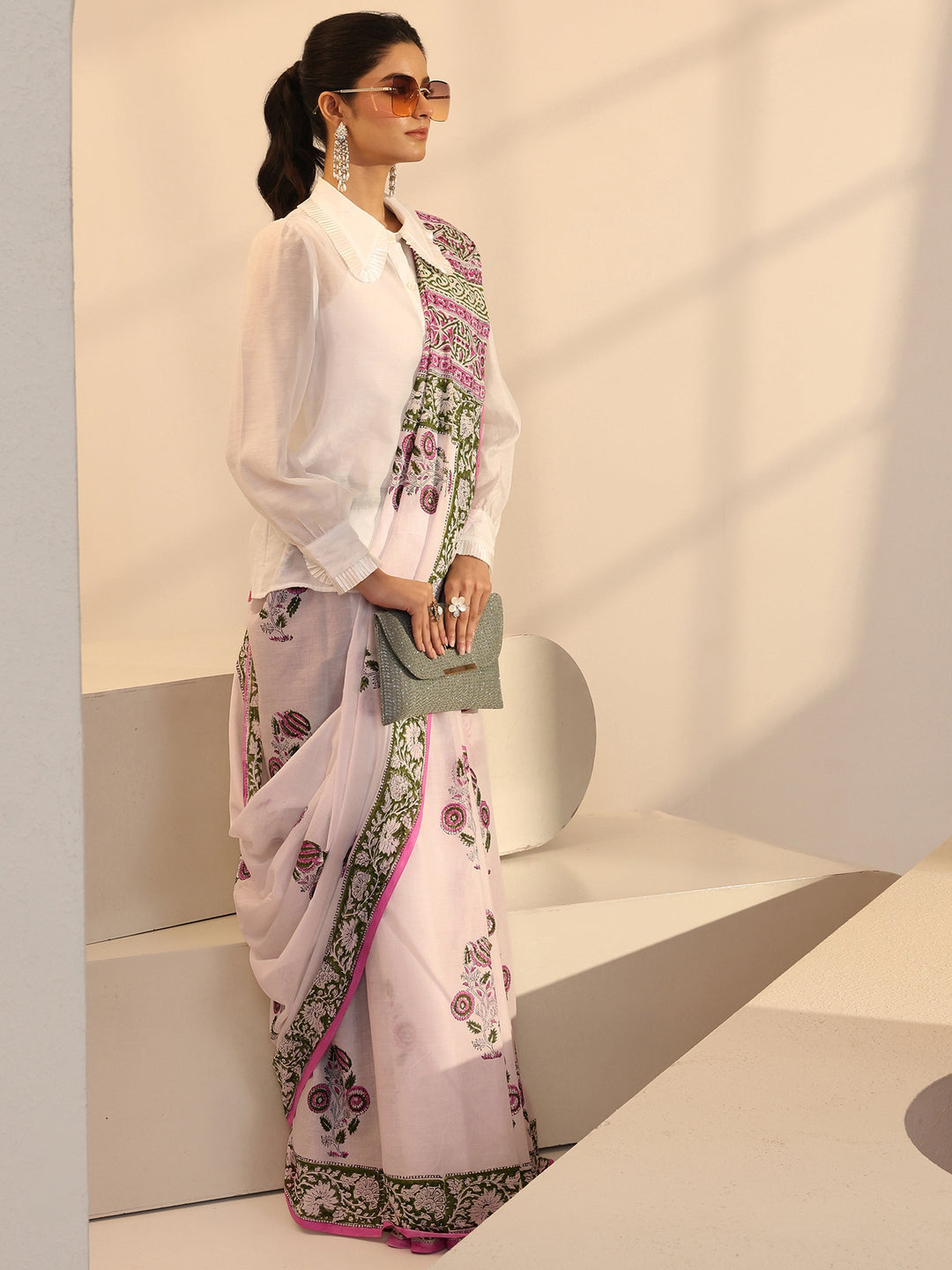  White Floral Printed Cotton Saree 