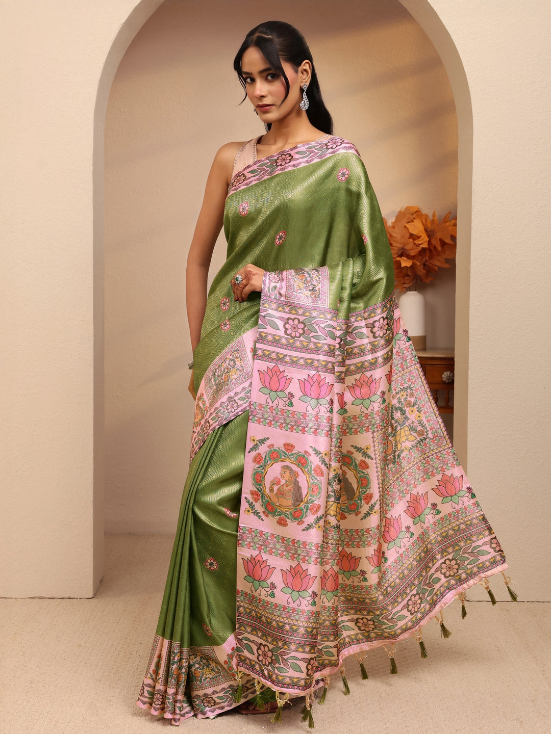  Fern Green Madhubani Print Silk Blend Saree 