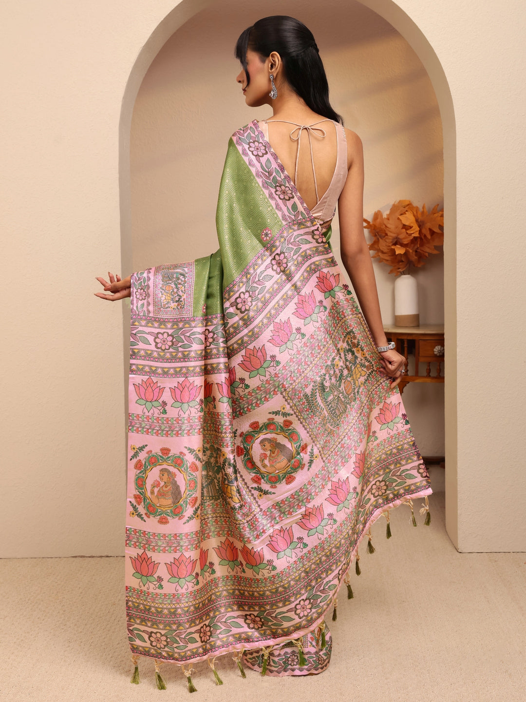  Fern Green Madhubani Print Silk Blend Saree 