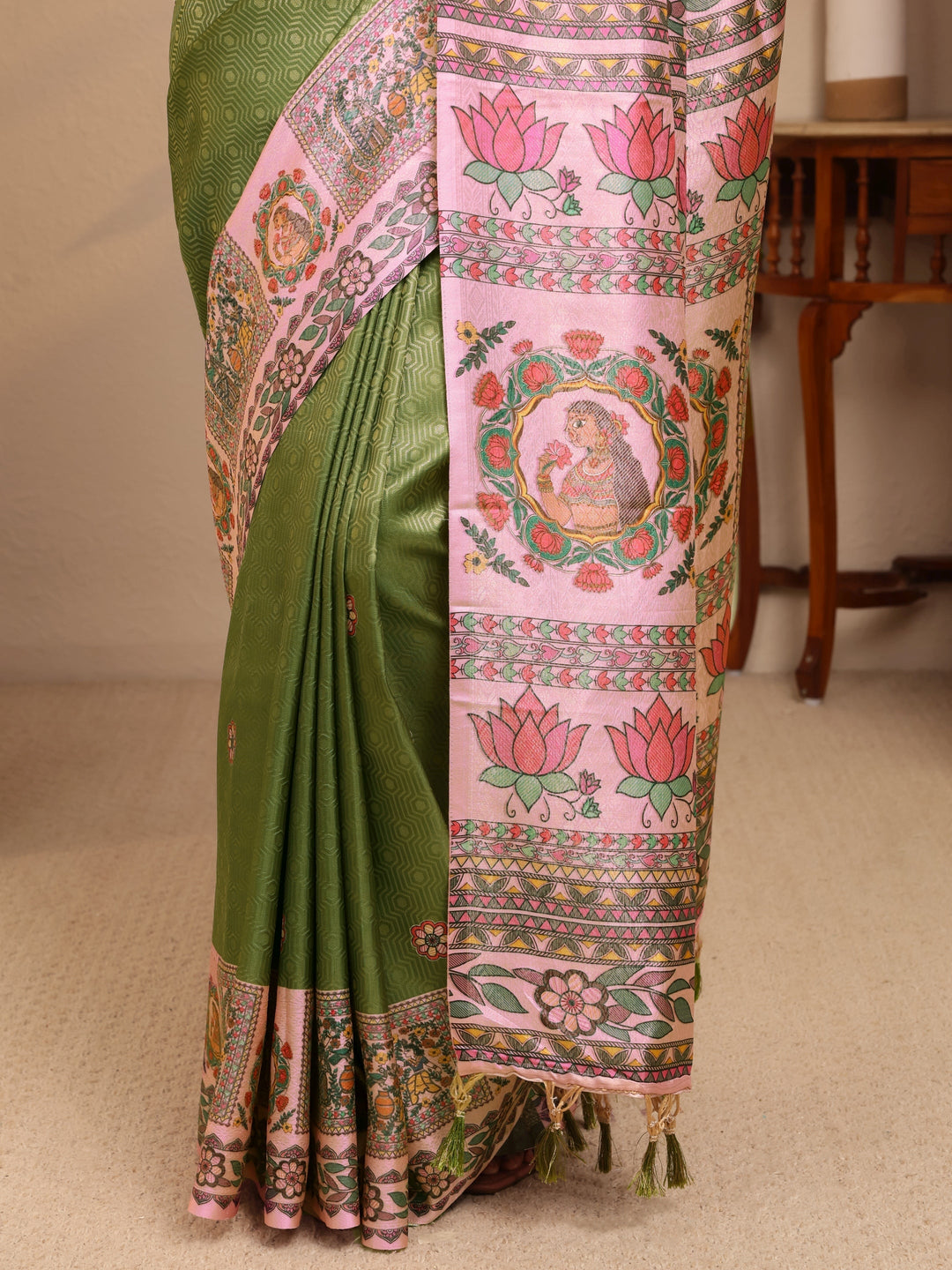  Fern Green Madhubani Print Silk Blend Saree 