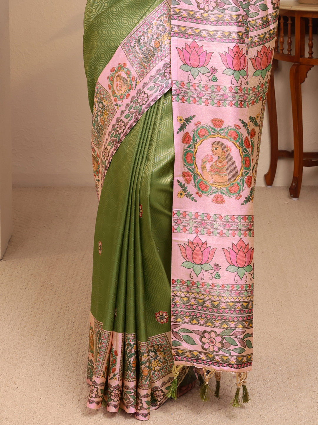  Fern Green Madhubani Print Silk Blend Saree 