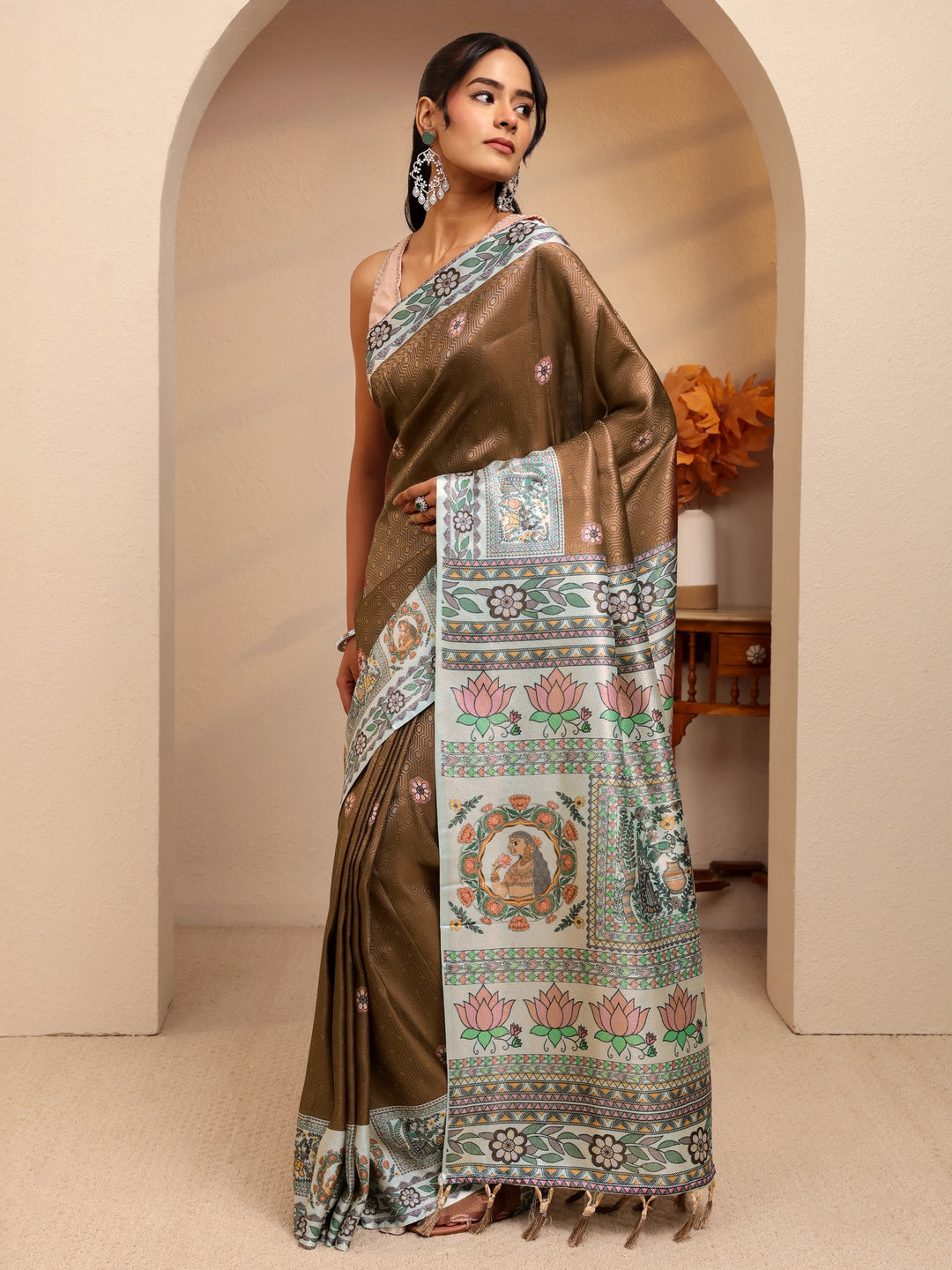 Brown Madhubani Print Silk Blend Saree 
